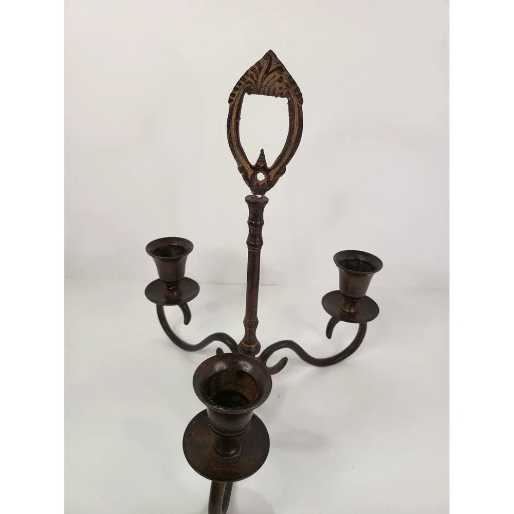 Vintage 3 Arm Metal Candelabra Taper Candle Holder Dark Bronze Finish 11.5in